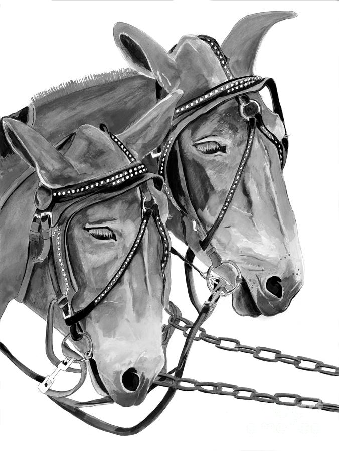 Mules - Beast of Burden - B and W Painting by Jan Dappen