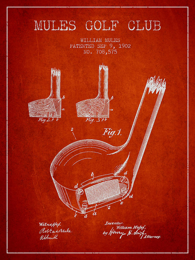 Mules Golf Club Patent Drawing From 1902  - Red Digital Art