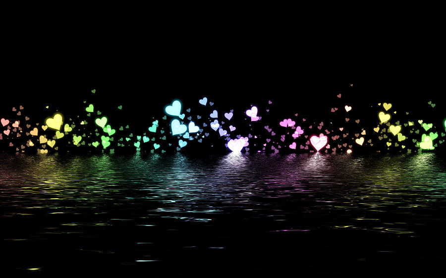 Multi Colored Hearts on Nights Water Digital Art by Kurt Van Wagner