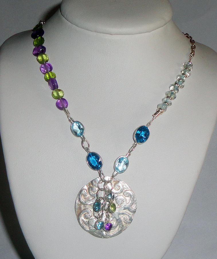 Robin Jewelry - Multi Gemstone Topaz Peridot Amethyst Pure Silver 999 Necklace Pendant by Robin Copper