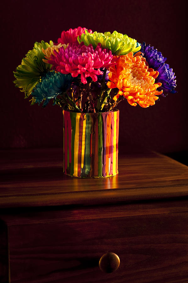 Flower Photograph - Multicolored Chrysanthemums in paint can by Jim Corwin