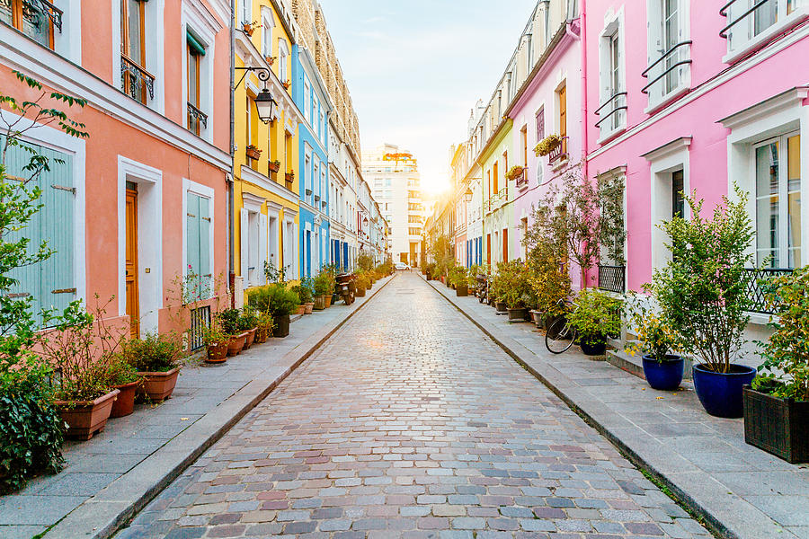Multicolored vibrant street Rue Cremieux at sunrise in Paris, France Photograph by Alexander Spatari