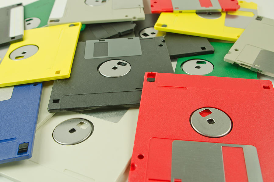 Multiple colored floppy disks. Photograph by Wwing