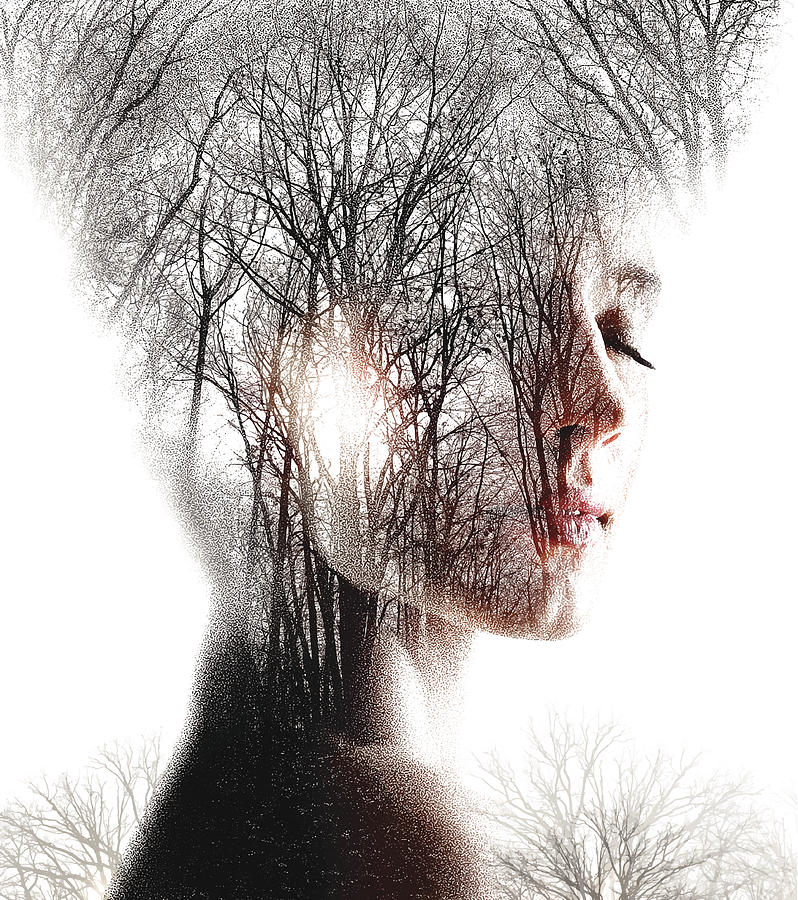 Multiple Exposure  of Woman Enjoying Forest Drawing by GeorgePeters