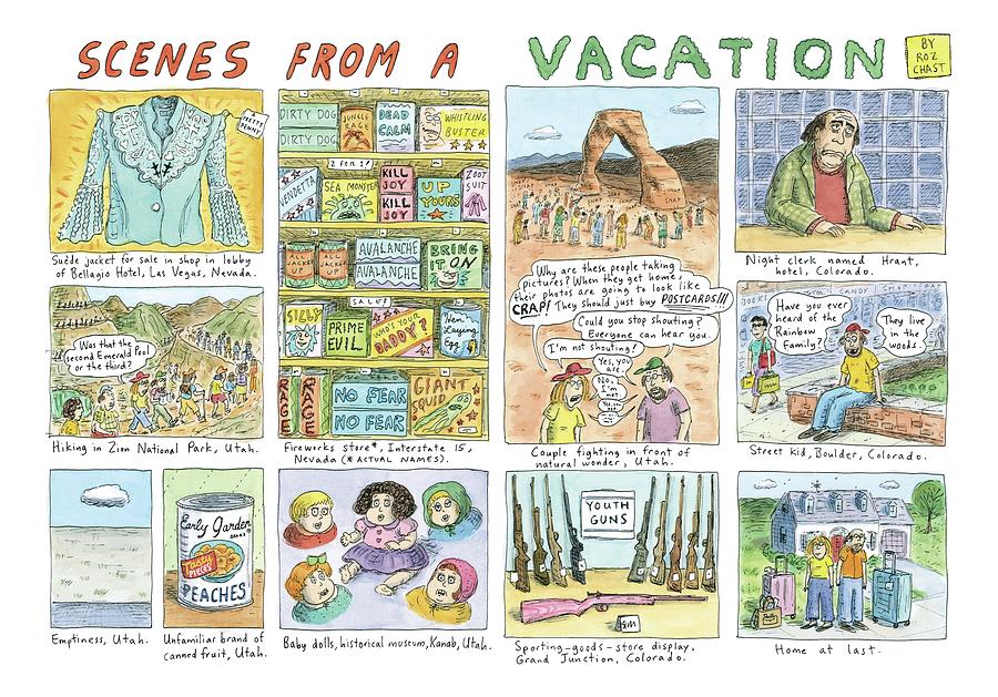 Multiple Panels Show Scenes From A Vacation Drawing by Roz Chast