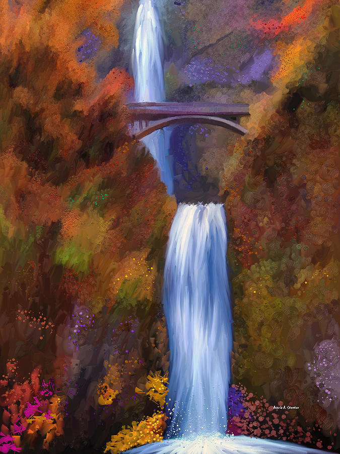 Fall Painting - Multnomah Falls in Autumn by Angela Stanton