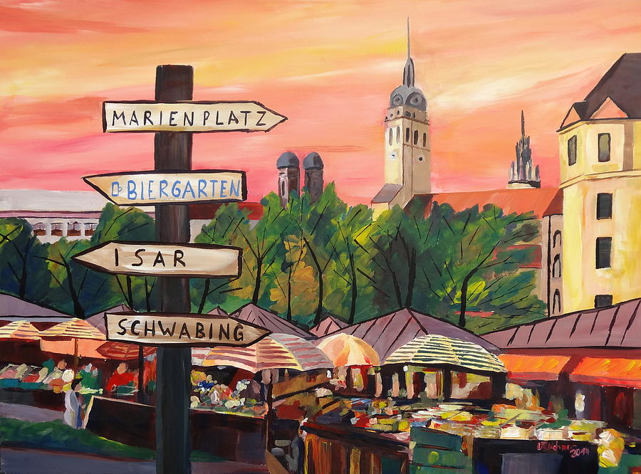 Munich Movie Painting - Munich Bavaria Viktualienmarkt with Signposts - a bustling Market Scene by M Bleichner