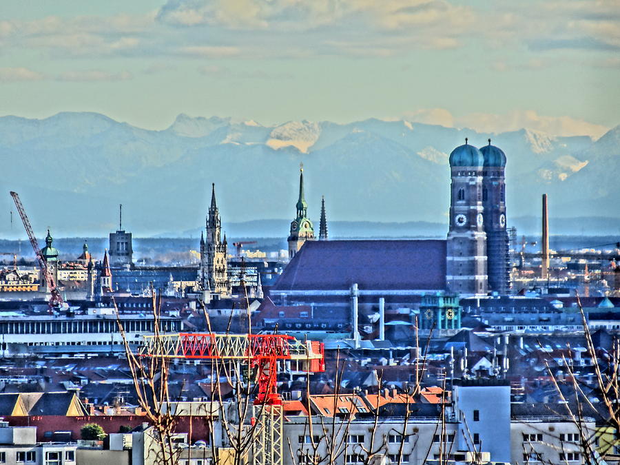 Munich Movie Painting - Munich Skyline with Church of Our Lady with Alps by M Bleichner