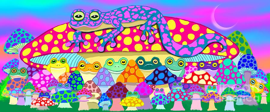 Mushroom Meadow Frogs Painting by Nick Gustafson