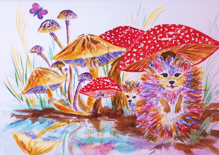 Mushrooms and Hedgehogs Painting by Ellen Levinson