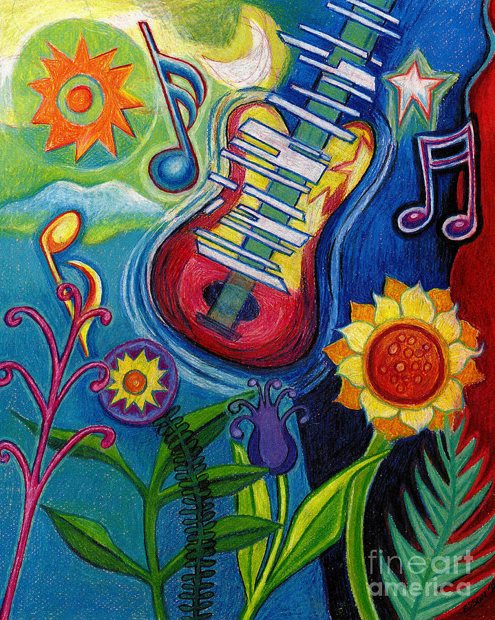 Music Drawing - Music On Flowers by Genevieve Esson