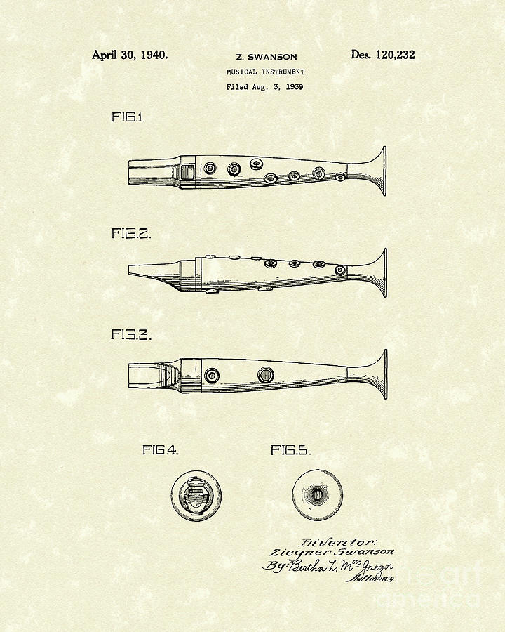 Musical Instrument 1940 Patent Art Drawing by Prior Art Design