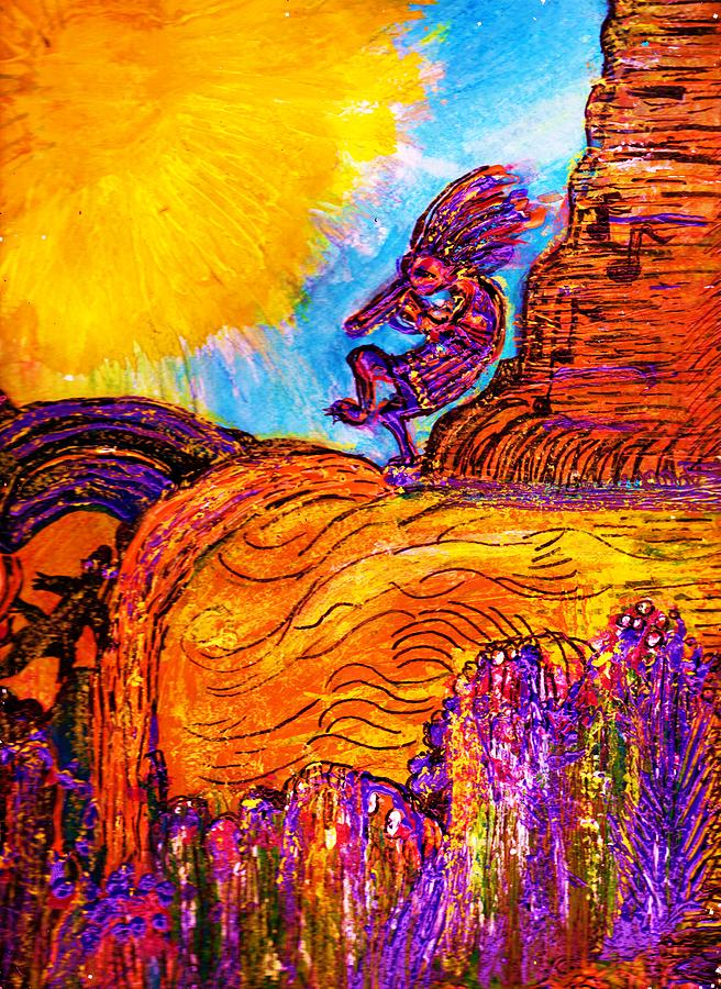 Music Painting - Musical Kokopelli on Sunny Mesa with Friend by Anne-Elizabeth Whiteway