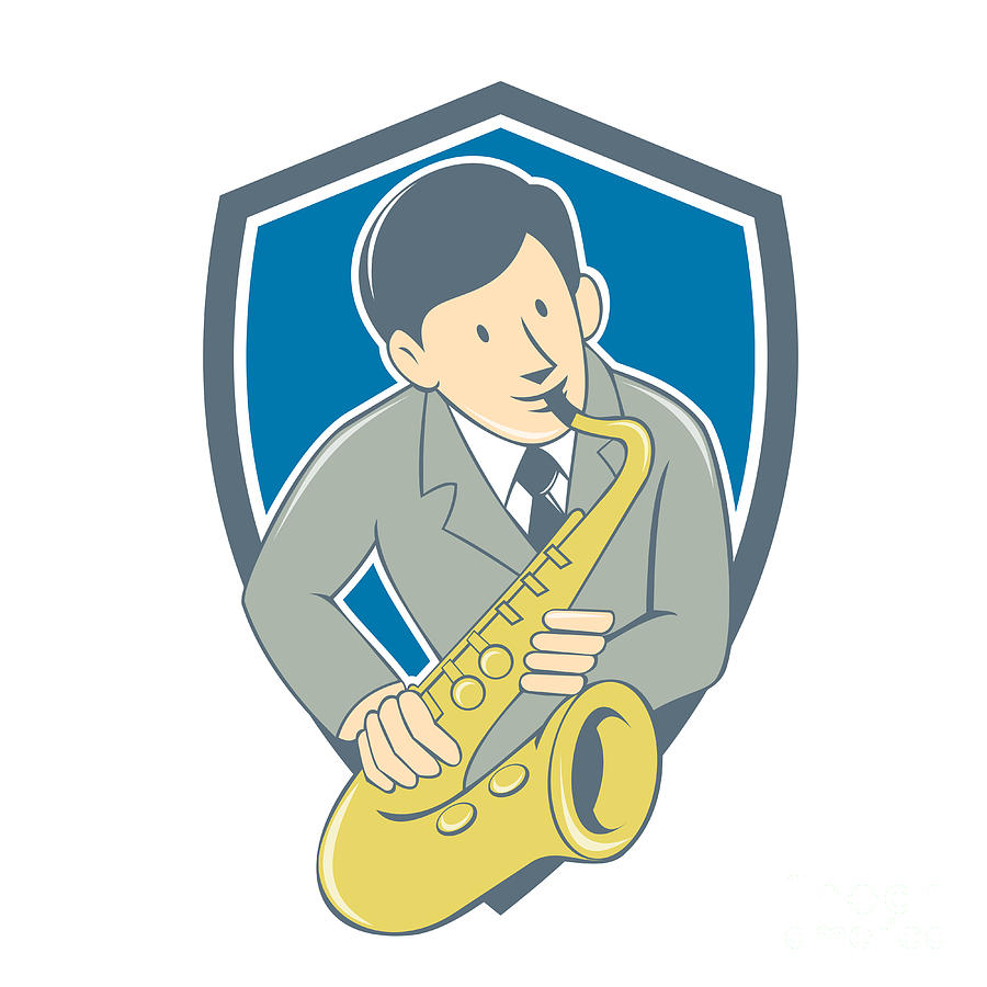 Musician Playing Saxophone Shield Cartoon Digital Art by Aloysius  Patrimonio - Pixels