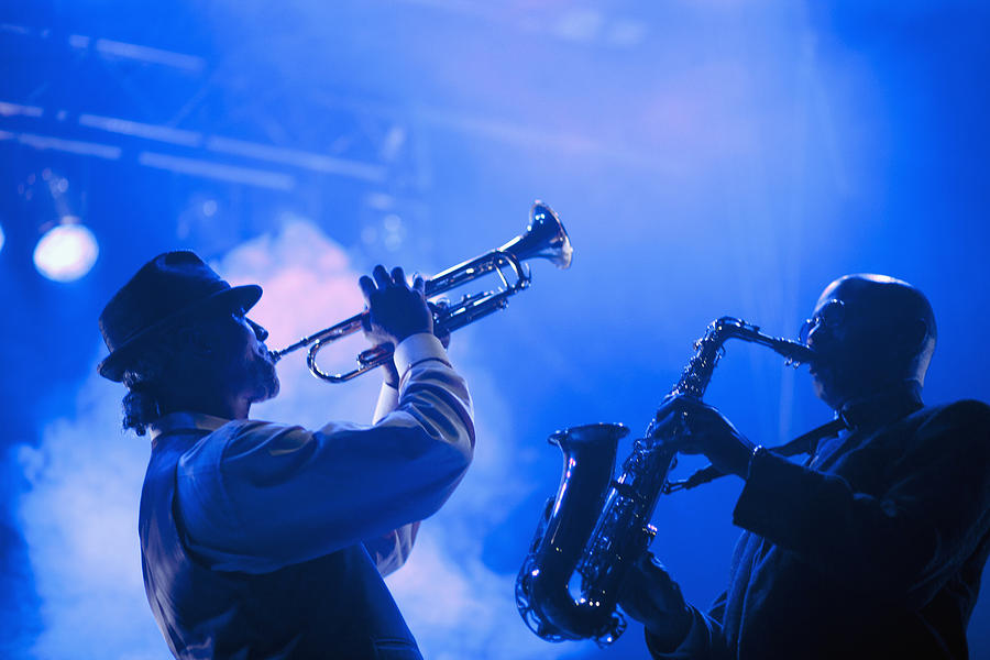Musicians playing in jazz band on stage Photograph by Jon Feingersh Photography Inc