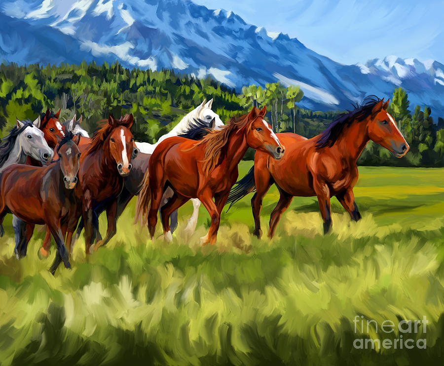 Mustang in mountains Painting by Tim Gilliland