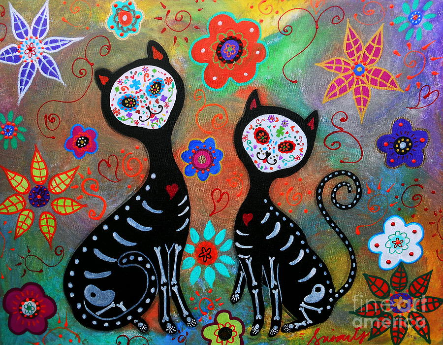 Cat Painting - My 2 Cats Dia De Los Muertos by Pristine Cartera Turkus
