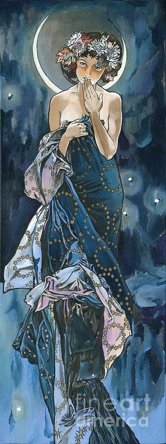 My Acrylic Painting As An Interpretation Of The Famous Artwork Of Alphonse Mucha - Moon - Painting
