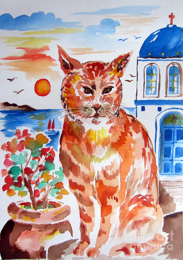 My cat went to Santorini Painting by Roberto Gagliardi