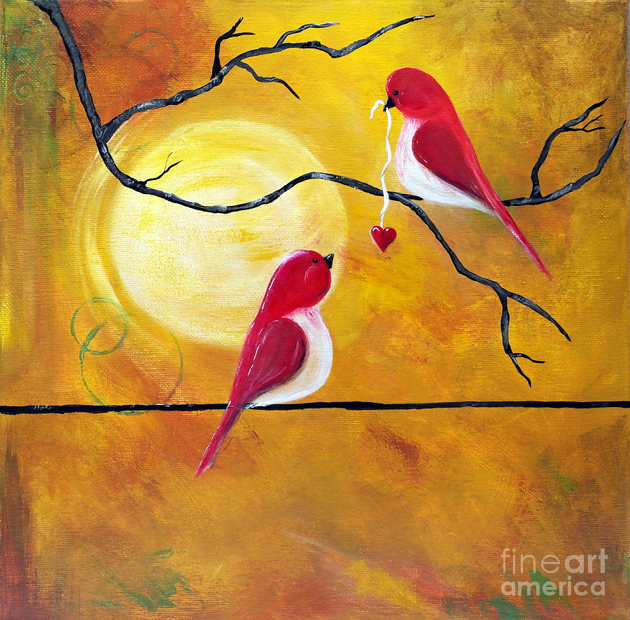 Lovebird Painting - My Heart on a String by Linda Fehlen