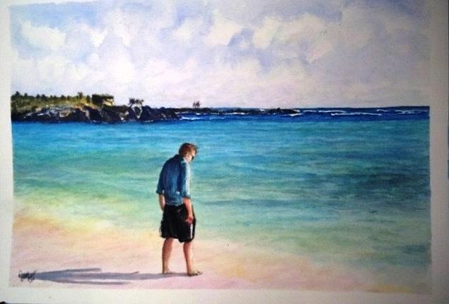 My son at the Beach Painting by Richard Benson