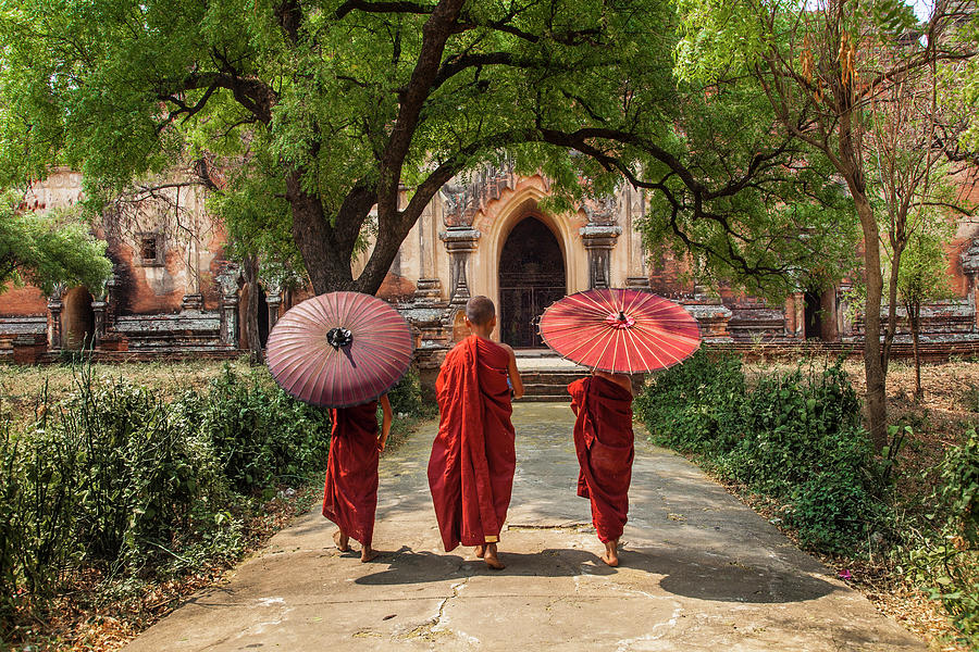 Architecture Photograph - Myanmar, Bagan Novice Monks In Front by Jaynes Gallery
