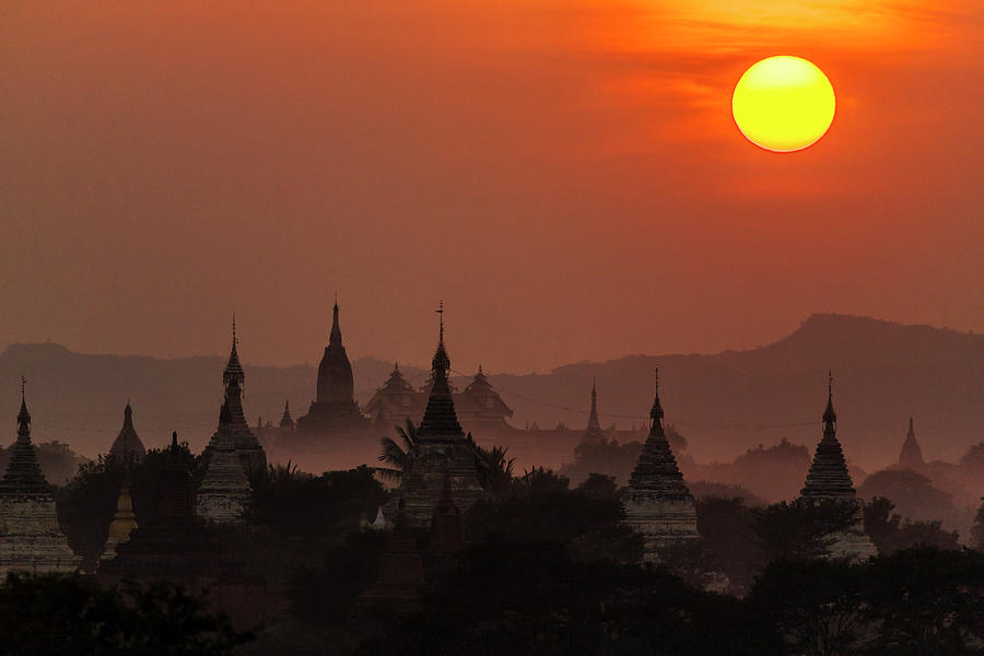Myanmar Sunset Over Bagan Temples In Photograph by Alantobey