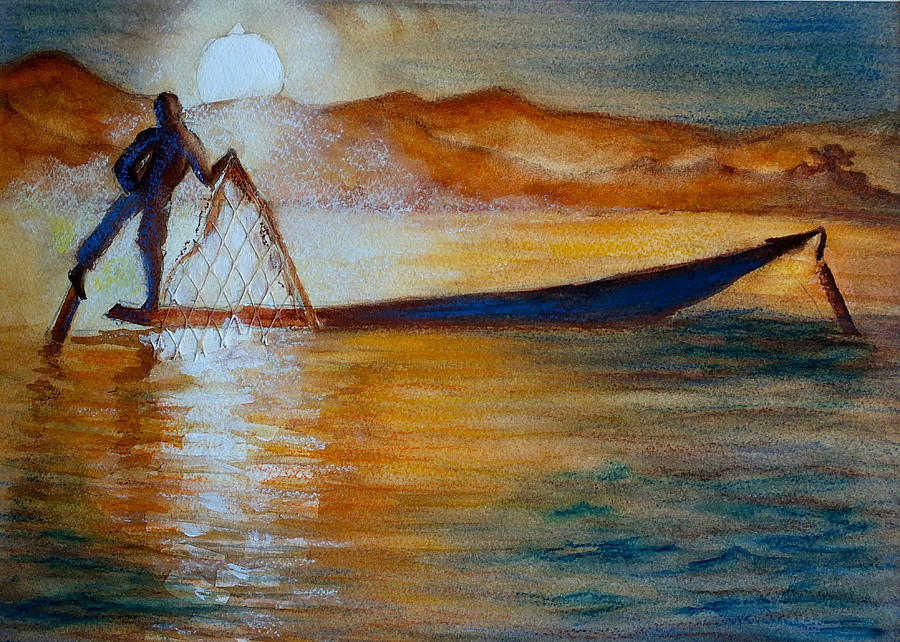 Mynamar Fisherman Painting by Myra Evans