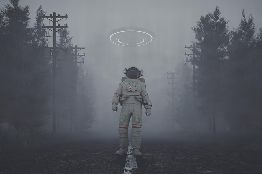 Mysterious UFO and walking astronaut on the forest road at night Photograph by Gremlin
