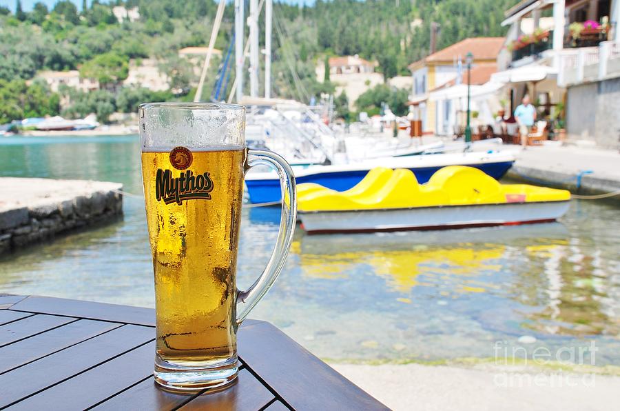 Greek Photograph - Mythos beer on Paxos island by David Fowler