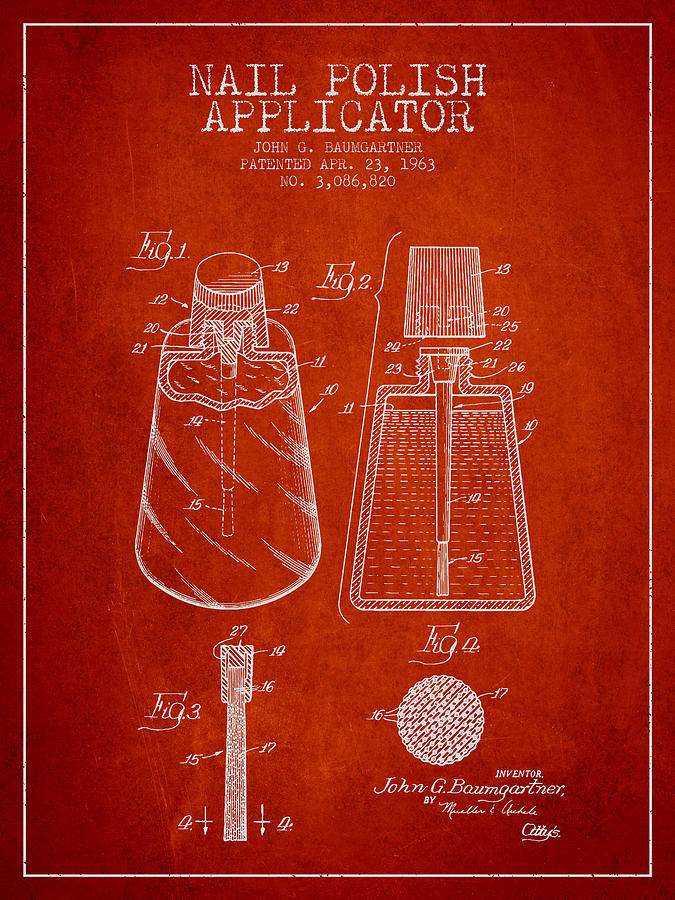 Vintage Digital Art - Nail Polish Applicator patent from 1963 - Red by Aged Pixel