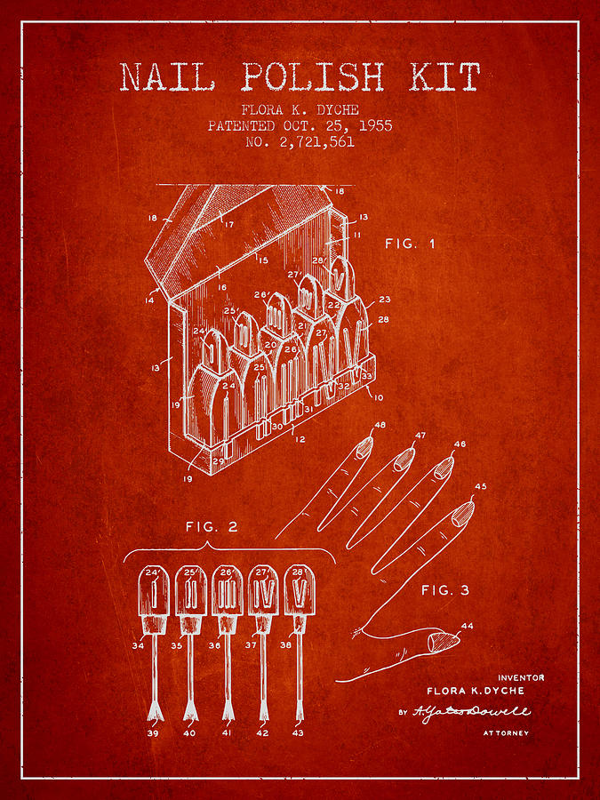 Vintage Digital Art - Nail Polish Kit patent from 1955 - Red by Aged Pixel