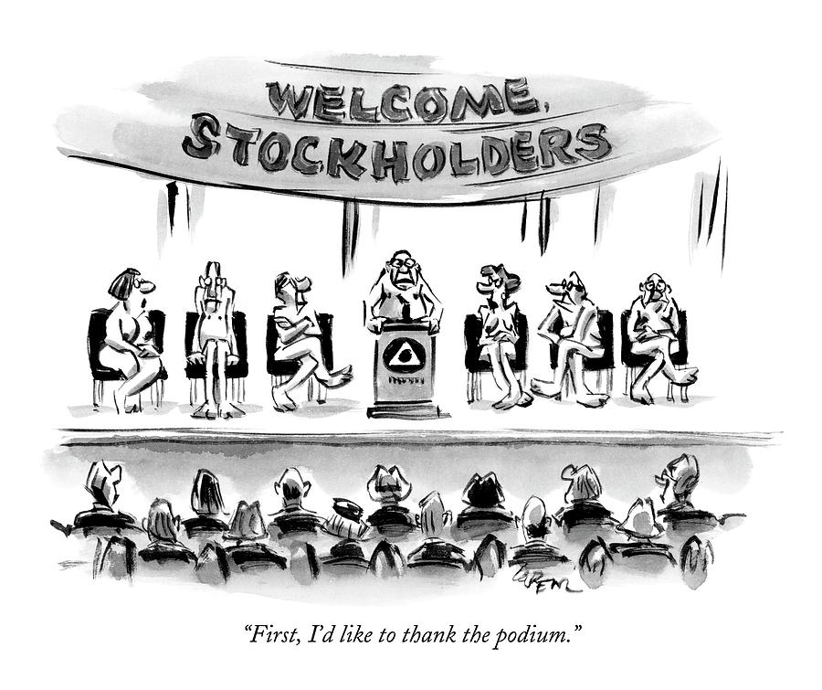 Naked Speakers On Stage At Stockholders Meeting Drawing by Lee Lorenz