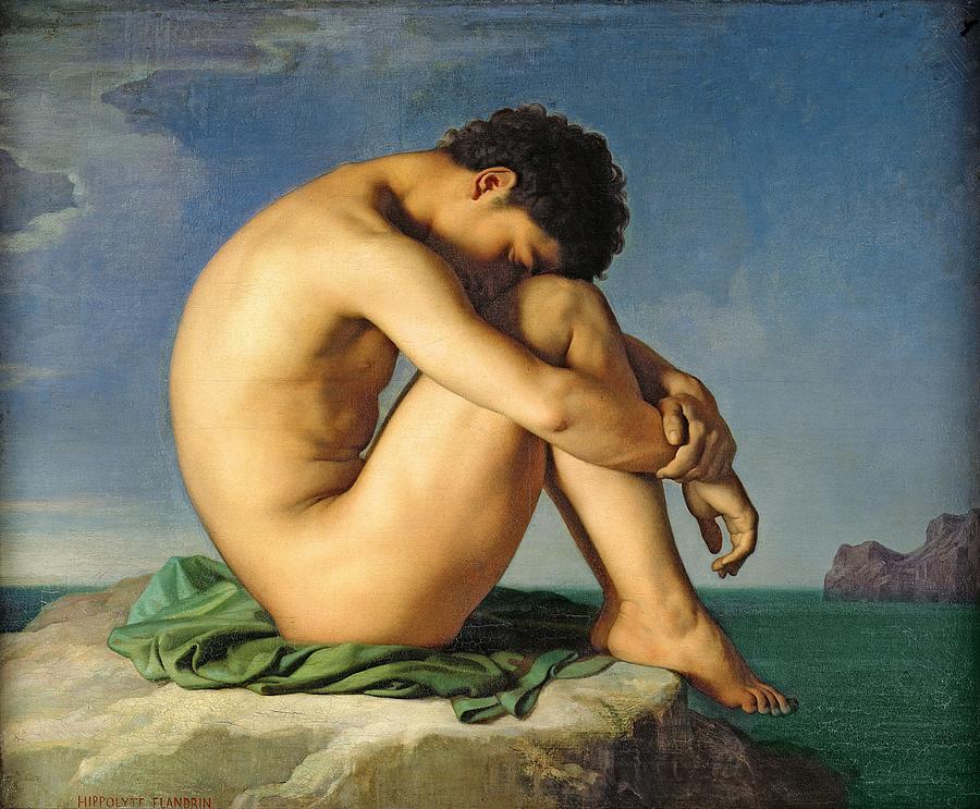 Nude Photograph - Naked Young Man Sitting By The Sea, 1836 Oil On Canvas by Hippolyte Flandrin