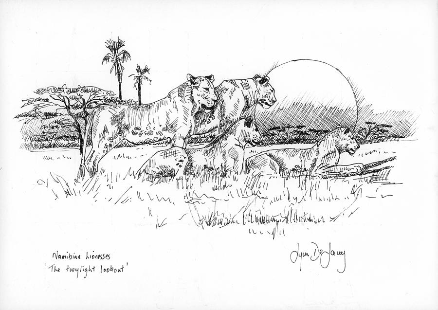 Black And White Drawing - Namibian Lionesses by Lynn  De Lacey