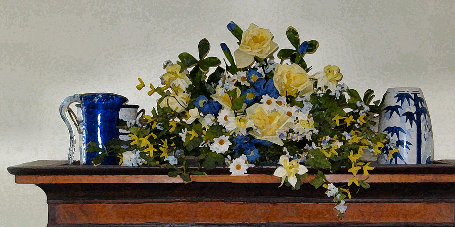 Flowers with Pitcher and Pot Digital Art by Lin Grosvenor
