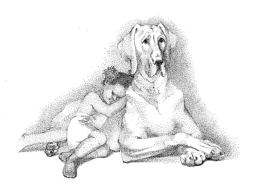 Nap time. Dog and a girl. Stippling. Drawing by Alena Nikifarava