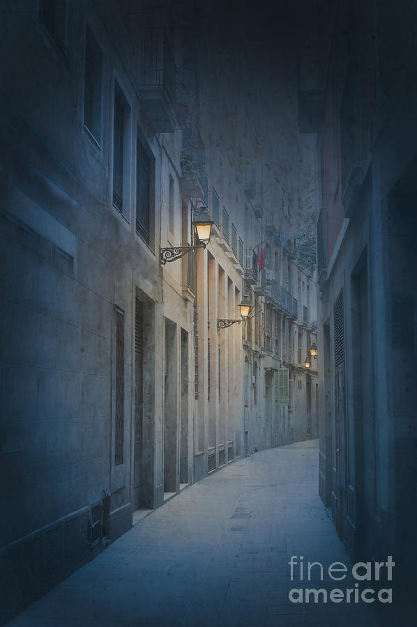 Barcelona Photograph - Narrow Alleyway In Barcelona At Night With Gas Lamps by Lee Avison