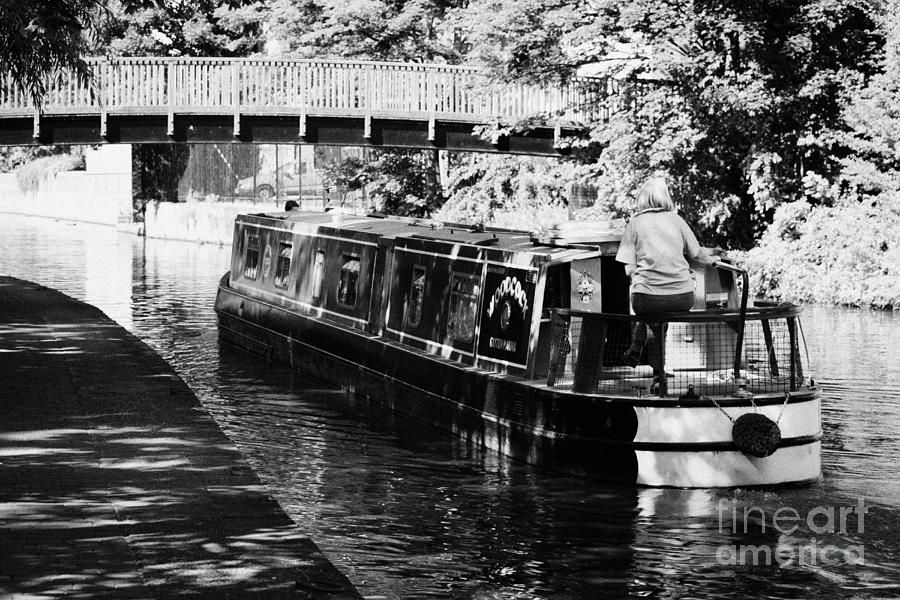 Summer Photograph - Narrowboat On Nottingham Canal With Tow Path And Footbridge From Rear Nottingham England by Joe Fox