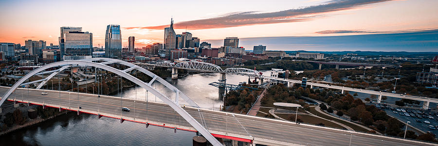 Nashville Downtown Sunset Aerial Panorama Photograph by Isaac Greer
