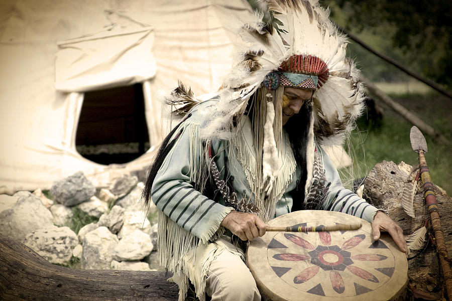 Native American Chief Playing Drum Outside Teepee Photograph by Gollykim