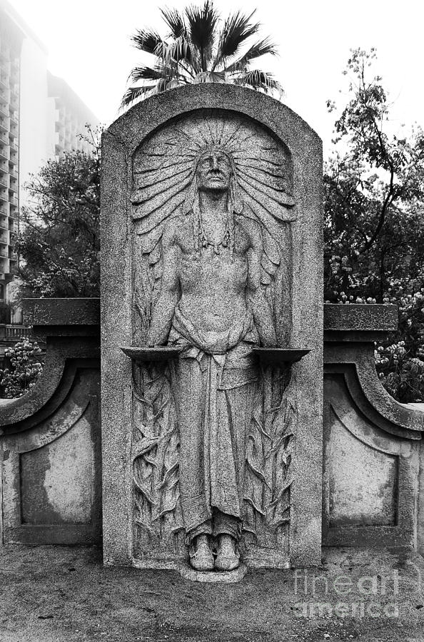 Native American Indian Stone Street Statue San Antonio Texas Black and White Photograph by Shawn OBrien