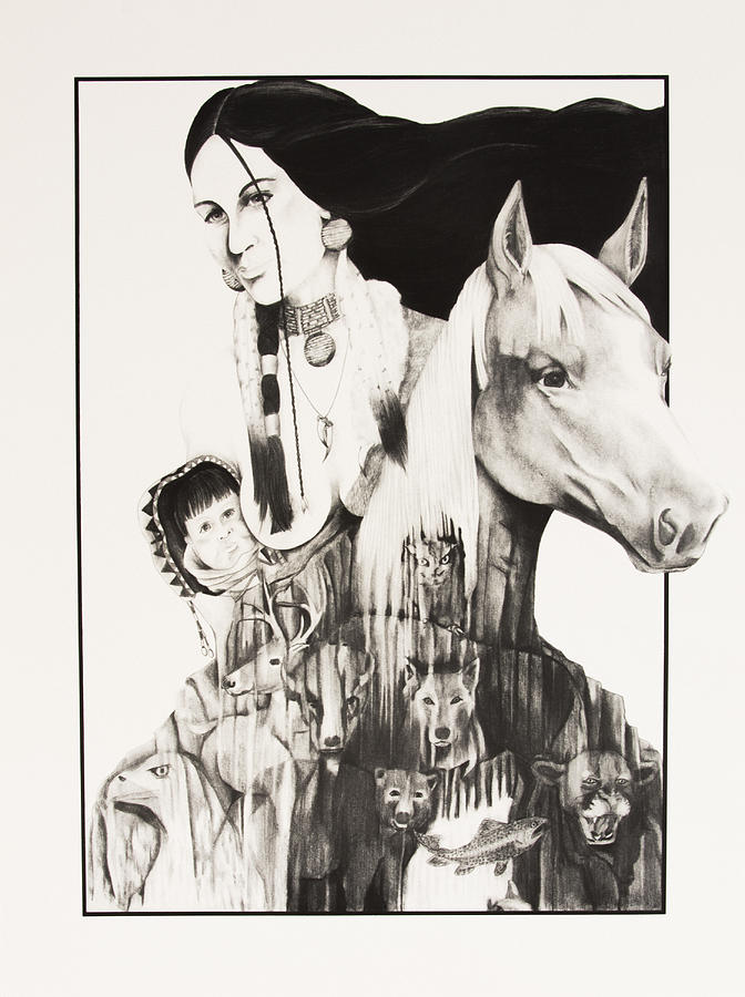 Buffalo Drawing - Native American Mothers Life Journey by Joe Lisowski