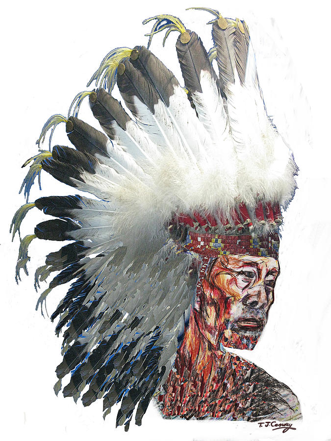 Native American portrait in Headdress Drawing by Tom Conway