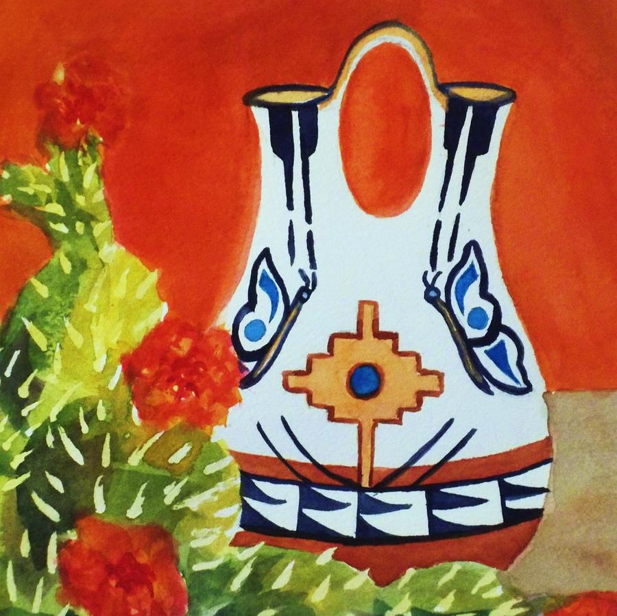 Native American Wedding Vase and Cactus-Square Format Painting by Ellen Levinson