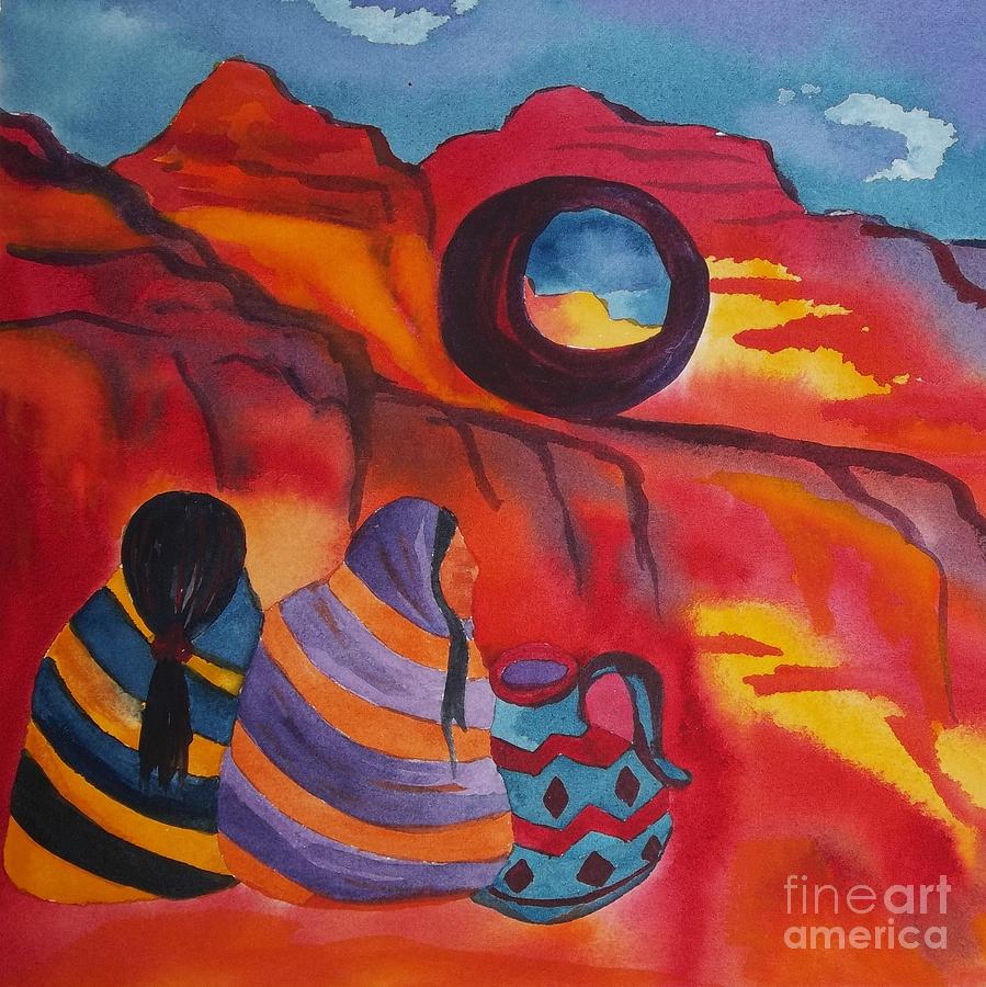 Native Women at Window Rock Square Painting by Ellen Levinson