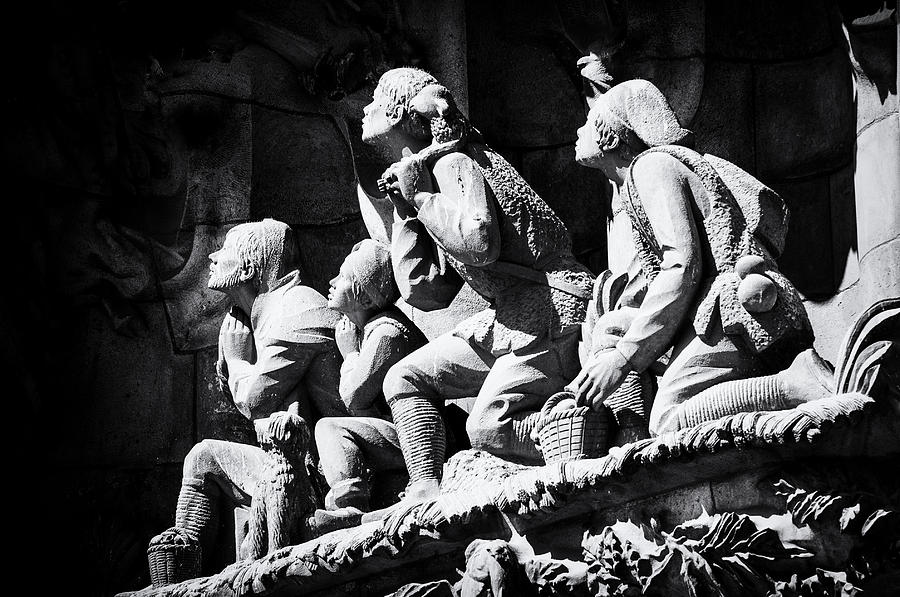 Nativity facade detail Sagrada Familia black and white Photograph by Matthias Hauser