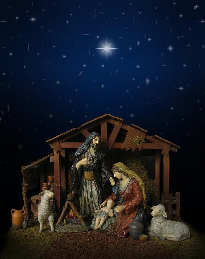 Nativity Scene at Night (with stable) Photograph by Duckycards