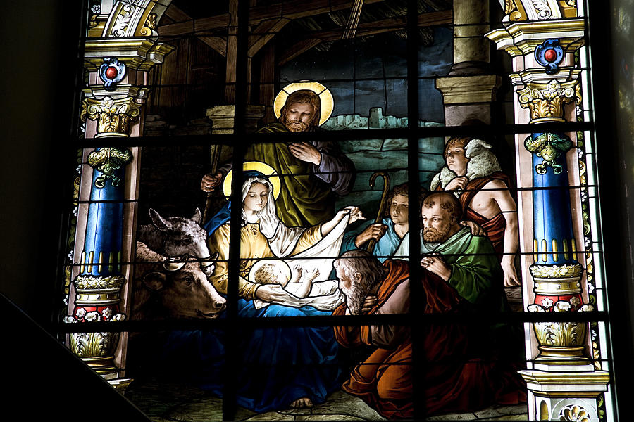 Nativity scene on stained glass window Photograph by AYImages