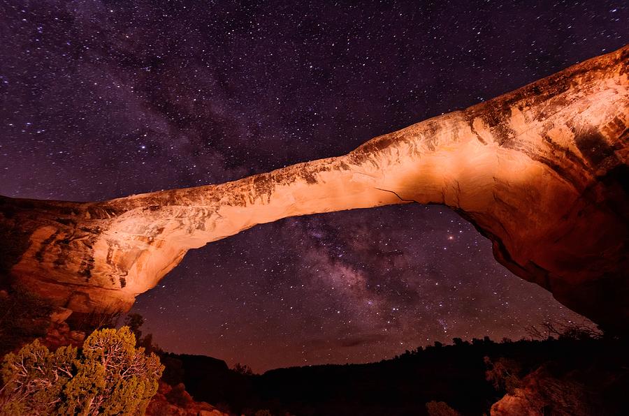 Four Corners Photograph - Natural Bridges Utah Cedar Mesa Colorado Plateau Owachomo Bridge and the Milky Way by Silvio Ligutti